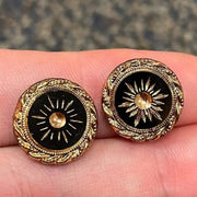 2 Vintage Black Golden Sun Rays Round Glass Cabochons - Sea Beads