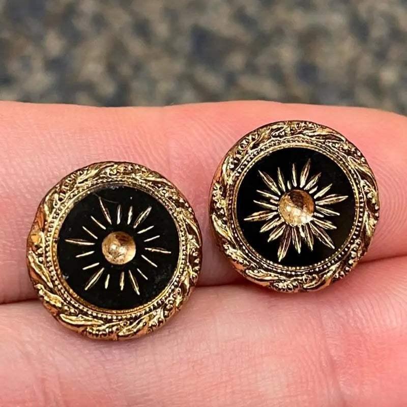 2 Vintage Black Golden Sun Rays Round Glass Cabochons - Sea Beads