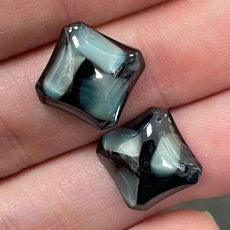 2 Vintage Black Grey Matrix Square Glass Cabochons - Sea Beads