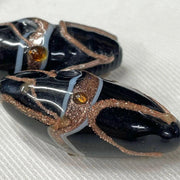 2 Vintage Black Large Abstract Oval Glass Beads - Sea Beads