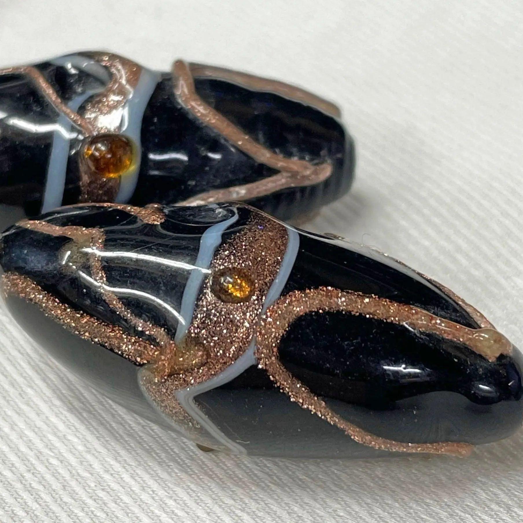 2 Vintage Black Large Abstract Oval Glass Beads - Sea Beads