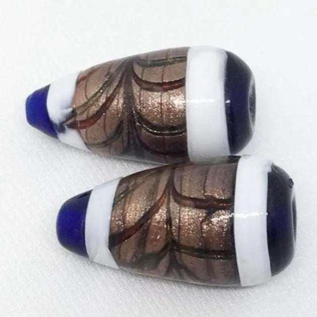 2 Vintage Blue Cobalt Aventurine Teardrop Glass Beads - Sea Beads