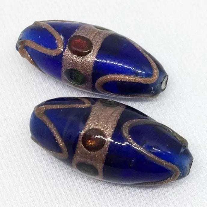 2 Vintage Blue Cobalt Large Oval Glass Beads - Sea Beads