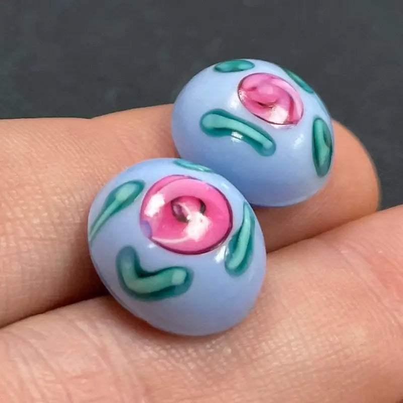 2 Vintage Blue German Floral Round Glass Cabochons - Sea Beads