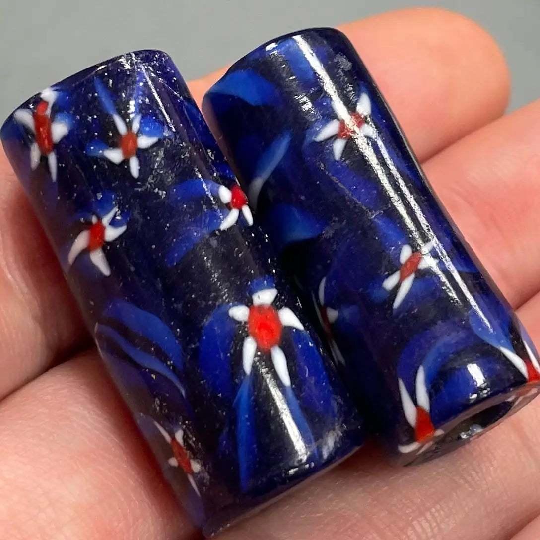 2 Vintage Blue Millefiori Cylindrical Glass Beads - Sea Beads