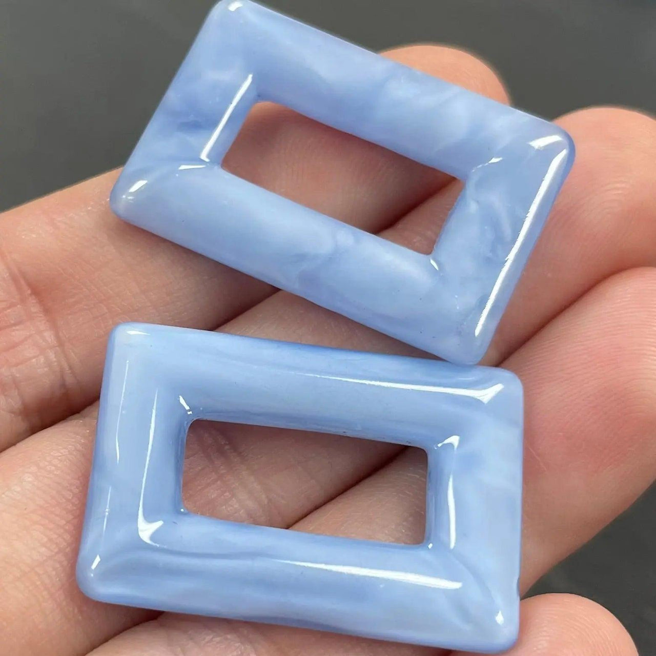 2 Vintage Blue Rectangle Creamy Glass Rings - Sea Beads