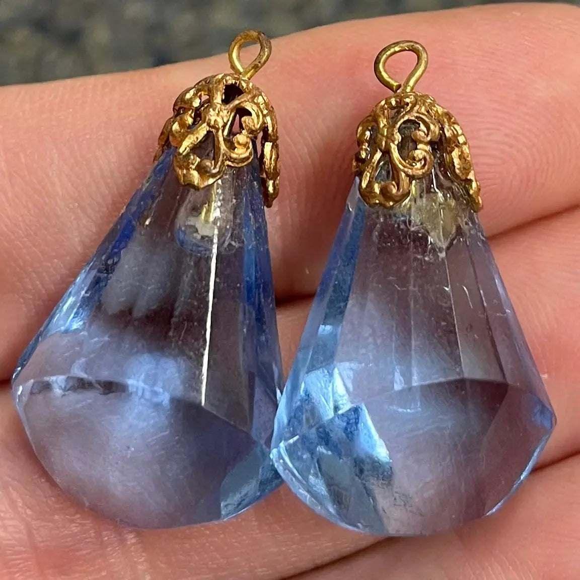 2 Vintage Blue Sapphire Faceted Bell Glass Pendants - Sea Beads