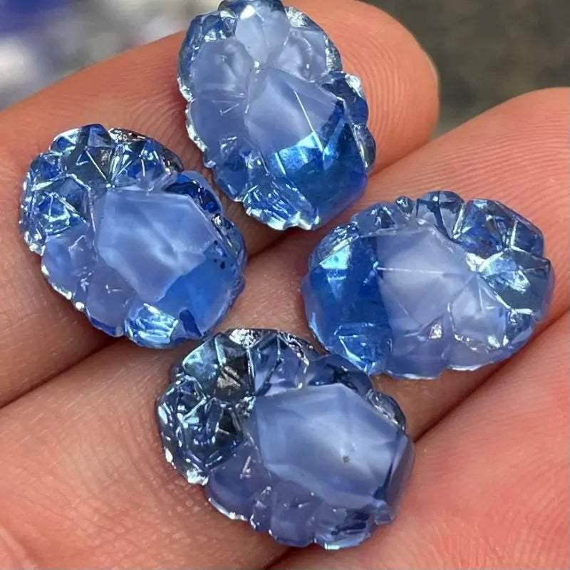 2 Vintage Blue Sapphire German Givre Oval Glass Cabochons - Sea Beads