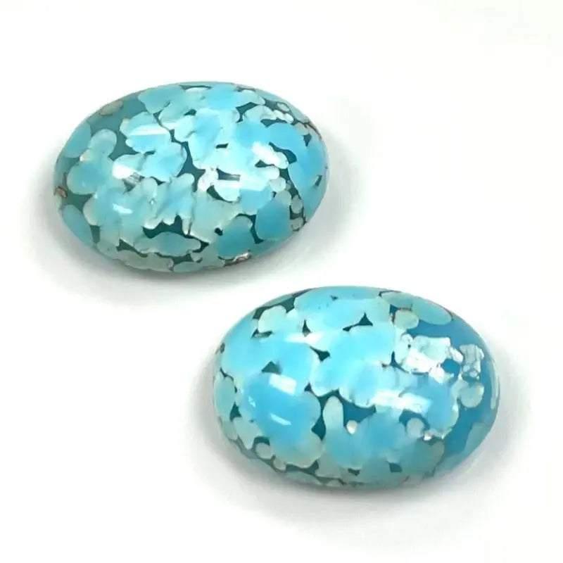 2 Vintage Blue Turquoise Japan Oval Glass Cabochons - Sea Beads