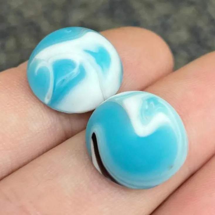2 Vintage Blue White Turquoise Japan Swirl Matte Glass Cabochons - Sea Beads