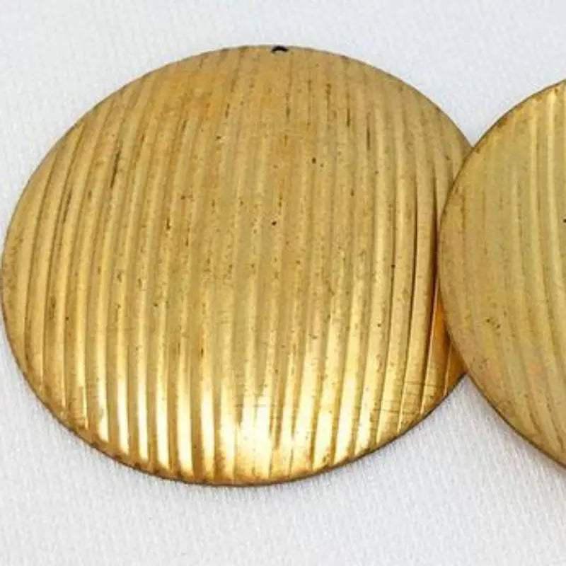 2 Vintage Brass Corrugated Round Metal Pendants - Sea Beads