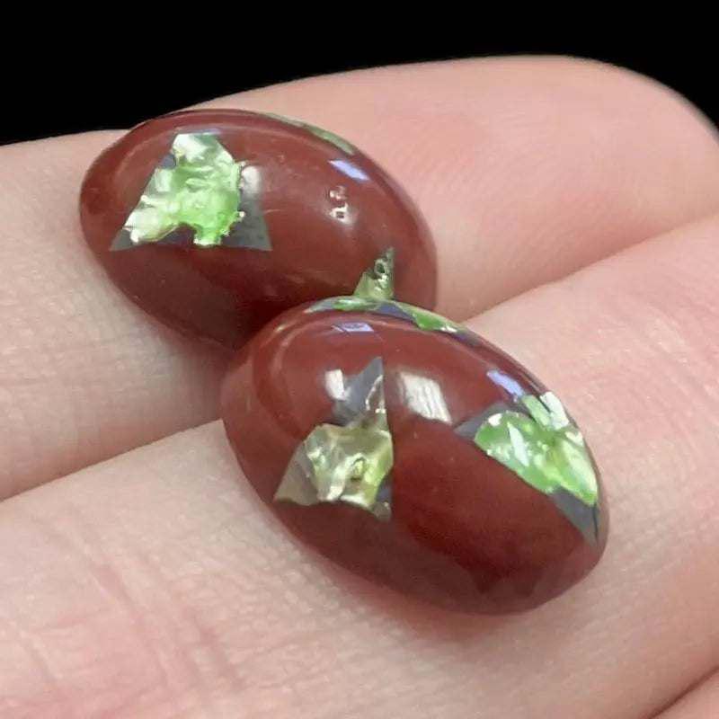 2 Vintage Brown Green Japan Foil Oval Glass Cabochons - Sea Beads
