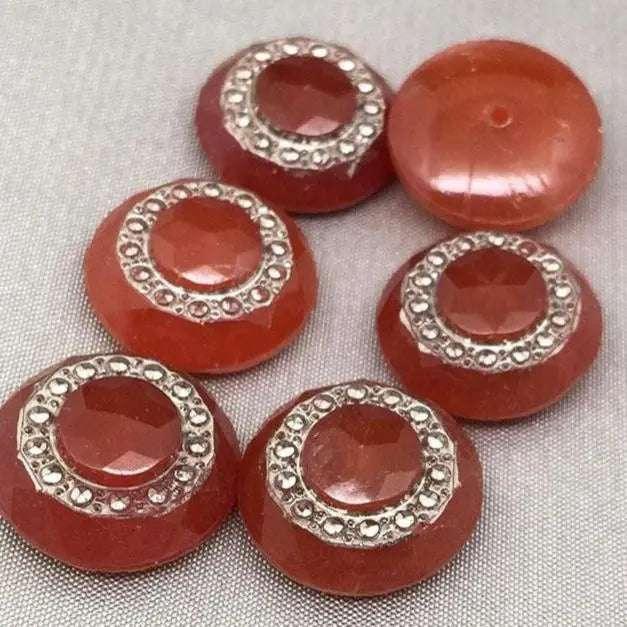 2 Vintage Carnelian Marcasite Round Glass Cabochons - Sea Beads