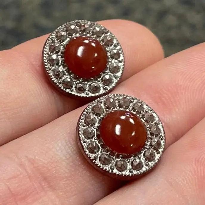 2 Vintage Carnelian Silver Glass Cabochons - Sea Beads