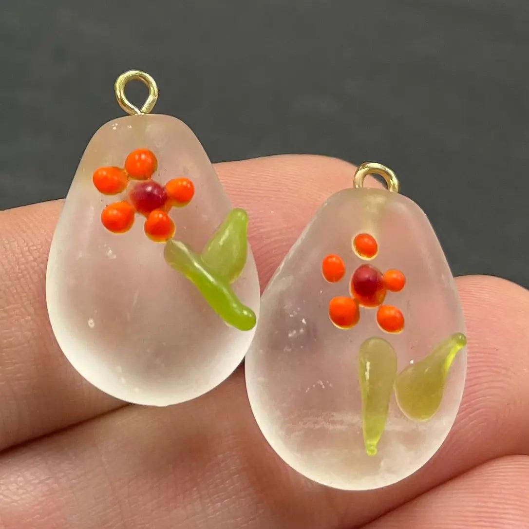 2 Vintage Clear Floral Matte Glass Pendants - Sea Beads