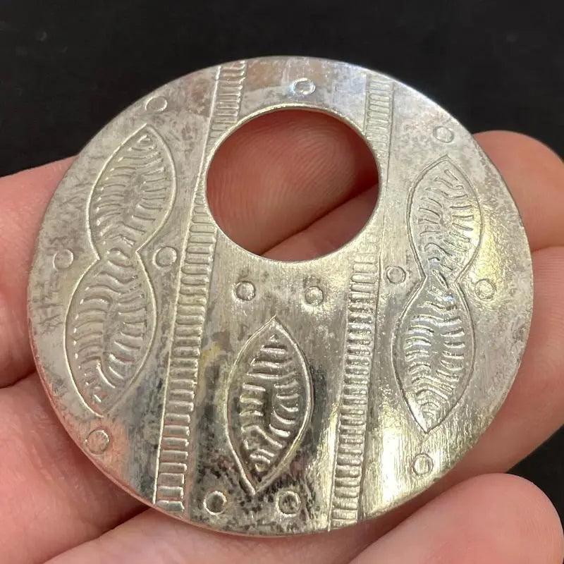 2 Vintage Silver Plated Etched Round Metal Pendants - Sea Beads
