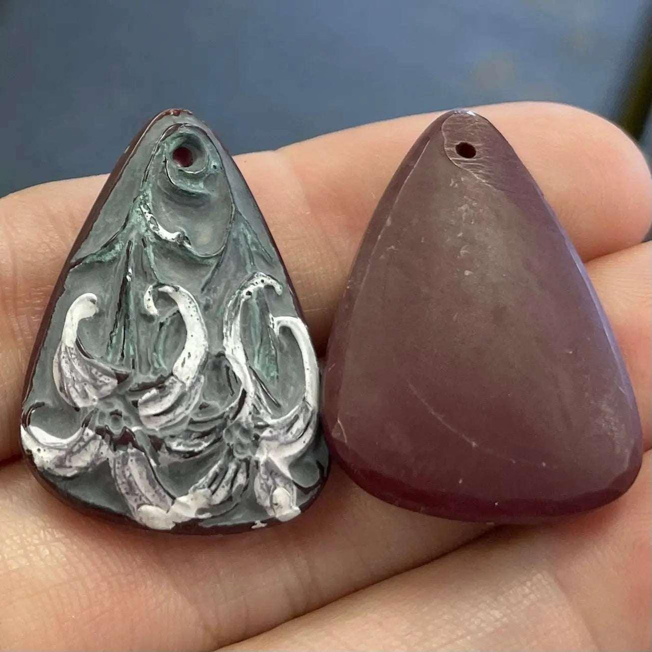 2 Vintage Gray Red Floral Etched Glass Pendants - Sea Beads