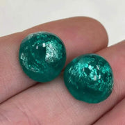 2 Vintage Green Emerald Japan Foil Round Glass Cabochons - Sea Beads