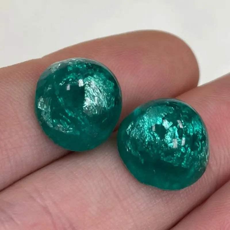 2 Vintage Green Emerald Japan Foil Round Glass Cabochons - Sea Beads