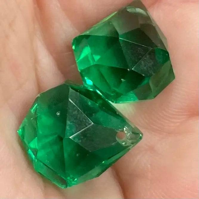 2 Vintage Green Faceted Glass Pendants - Sea Beads