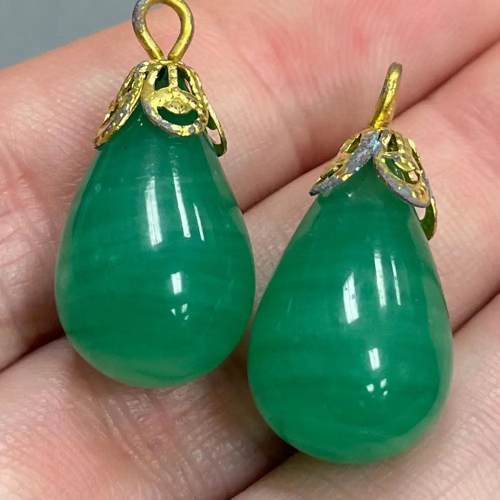 2 Vintage Green Jade Japan Drop Glass Pendants - Sea Beads
