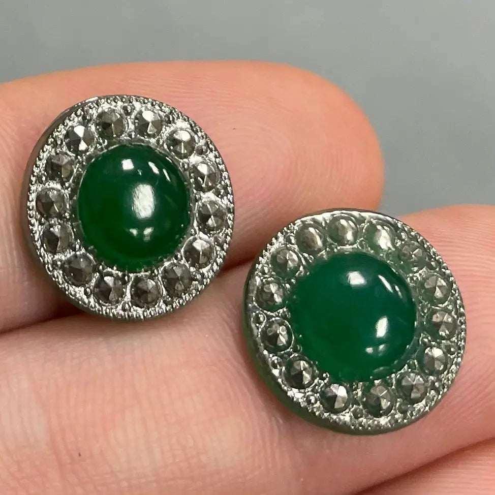 2 Vintage Green Jadeite Silver Glass Cabochons - Sea Beads