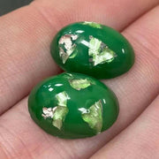 2 Vintage Green Japan Foil Oval Glass Cabochons - Sea Beads