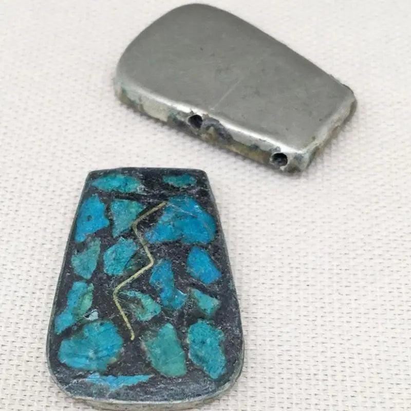 2 Vintage Handmade Aqua Mosaic Two Hole Metal Pendants (A) - Sea Beads