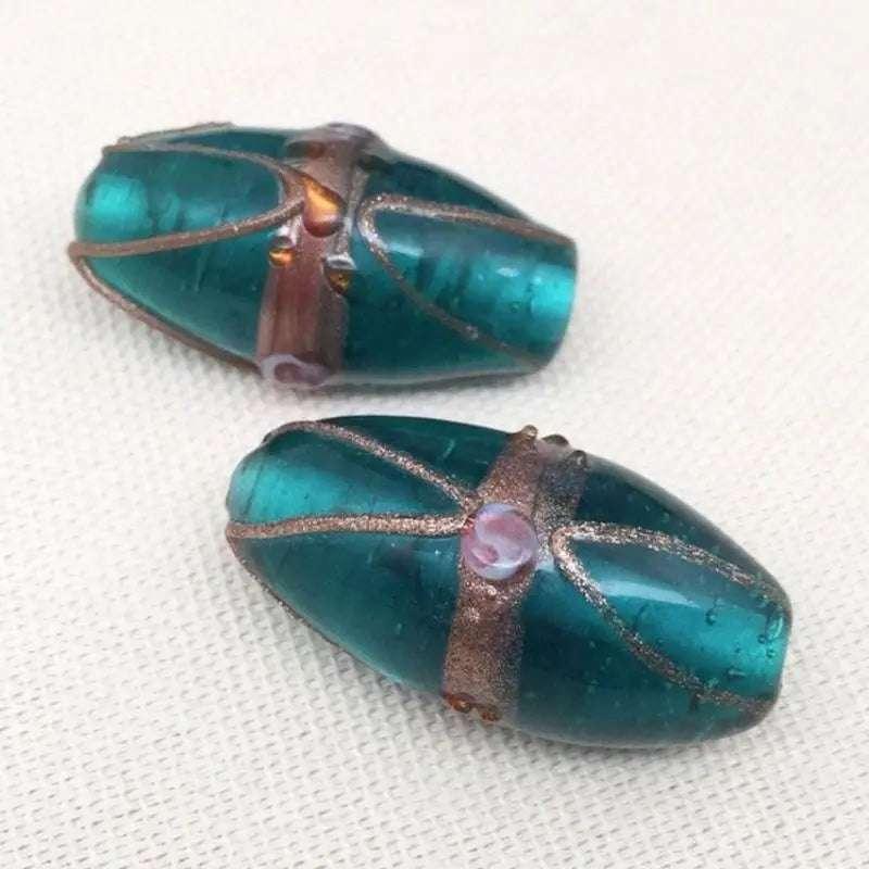 2 Vintage Blue Aqua Teal Oval Glass Beads - Sea Beads