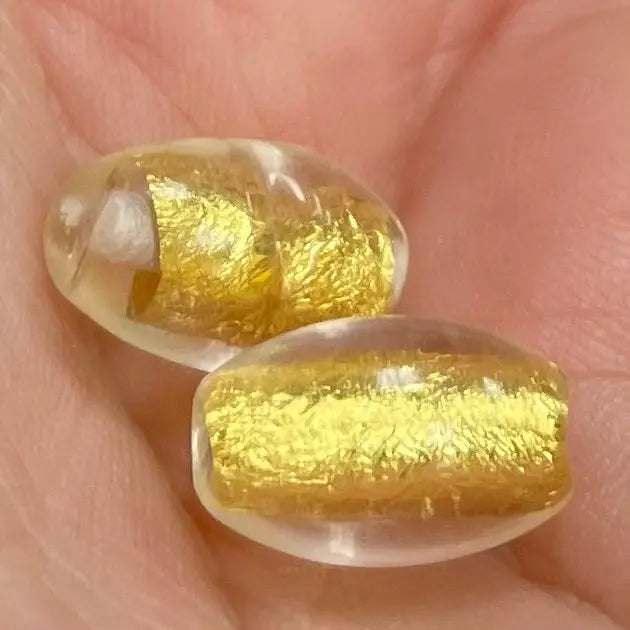 2 Vintage Handmade Clear Gold Foil Italian Oval Glass Beads - Sea Beads