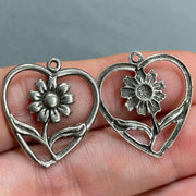 2 Vintage Heart Sunflower Pewter Metal Pendants 25mm - Sea Beads