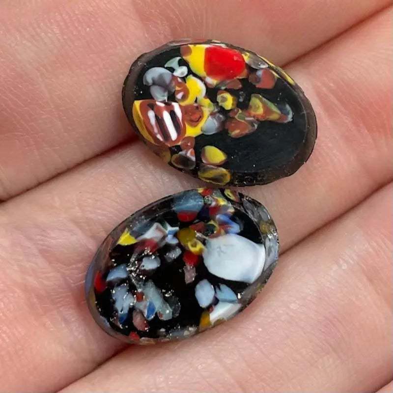 2 Vintage Black Italian Millefiori Oval Glass Cabochons - Sea Beads