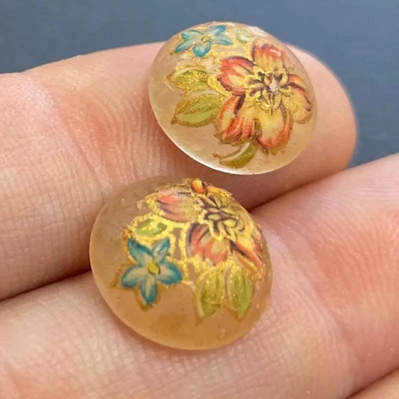 2 Vintage Japan Floral Tensha Cabochons - Sea Beads