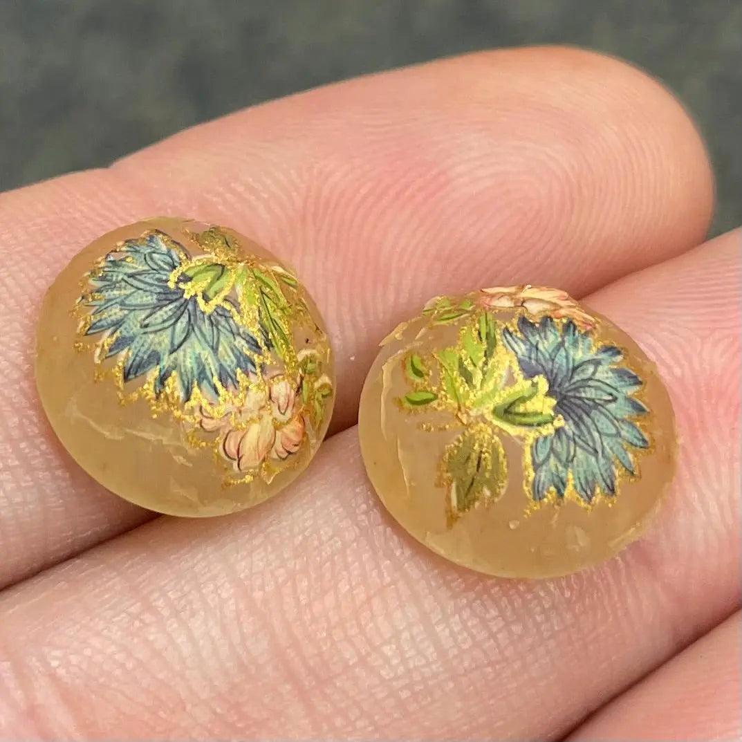 2 Vintage Japan Floral Tensha Cabochons #8984 - Sea Beads