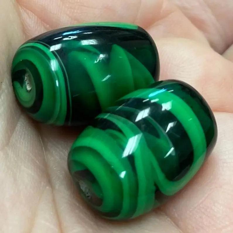 2 Vintage Green Japan Large Striped Barrel Glass Beads - Sea Beads