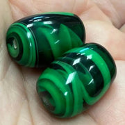 2 Vintage Green Japan Large Striped Barrel Glass Beads - Sea Beads