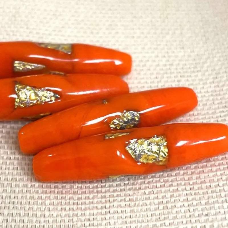 2 Vintage Japan Orange Foil Oval Glass Beads - Sea Beads