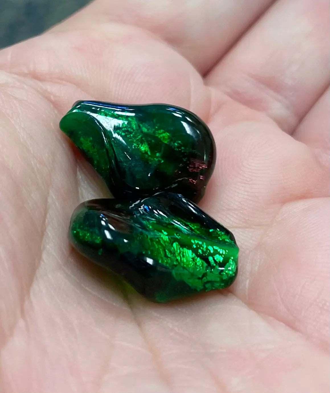 2 Vintage Green Emerald Japan RARE Foil Glass Beads - Sea Beads