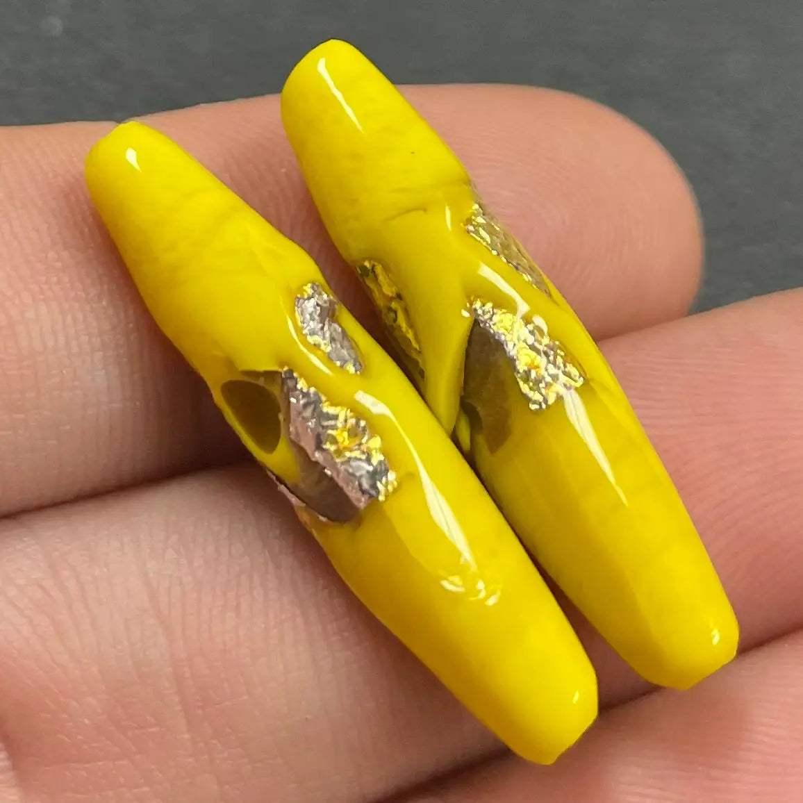 2 Vintage Japan Yellow Foil Oval Glass Beads - Sea Beads