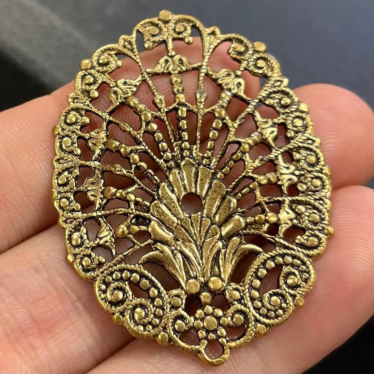 2 Vintage Lacy Gold Plated Filigree Metal Pendants - Sea Beads