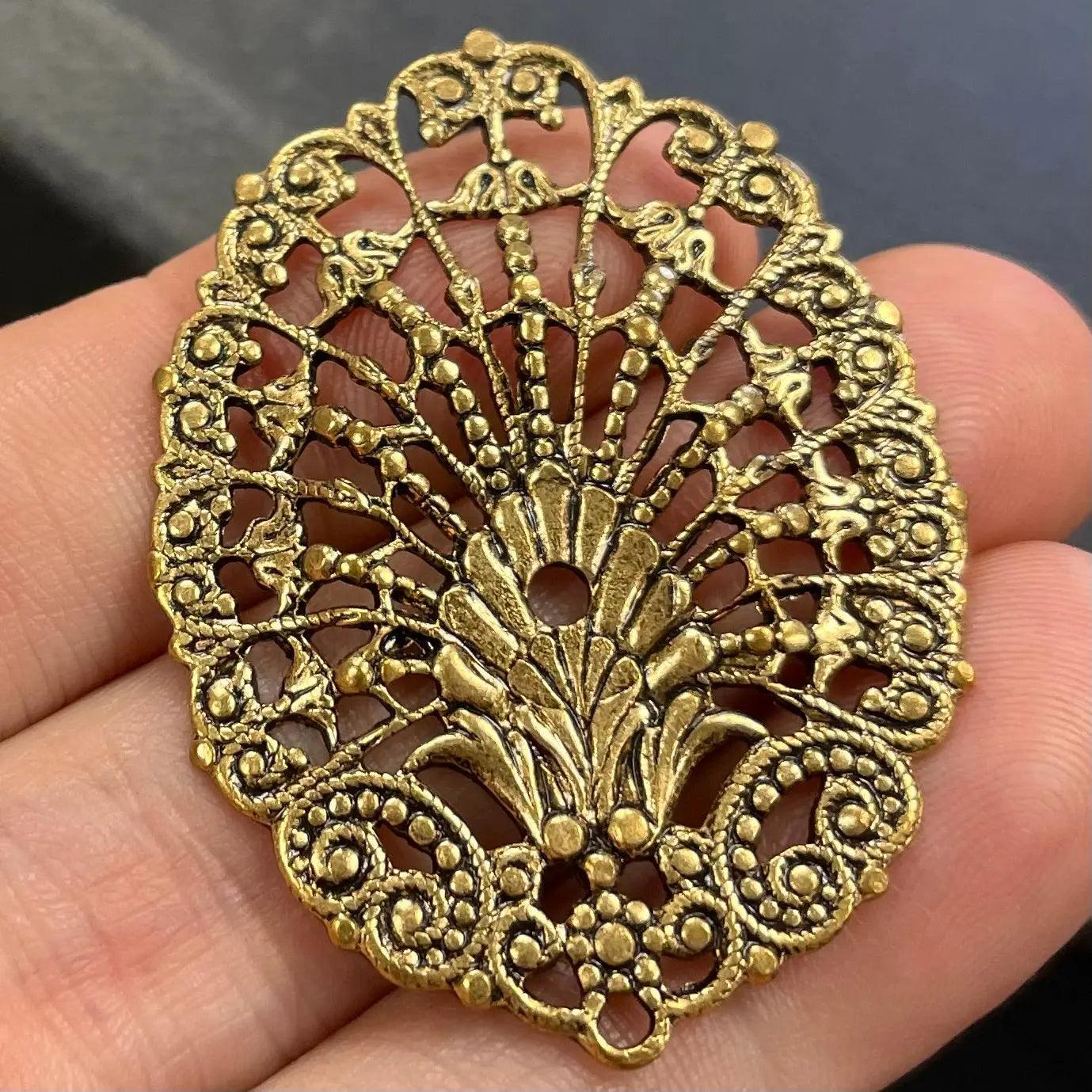 2 Vintage Lacy Gold Plated Filigree Metal Pendants - Sea Beads