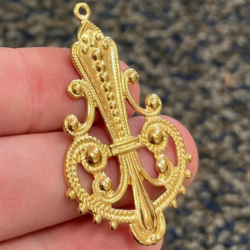 2 Vintage Large Fancy Gold Metal Pendants - Sea Beads