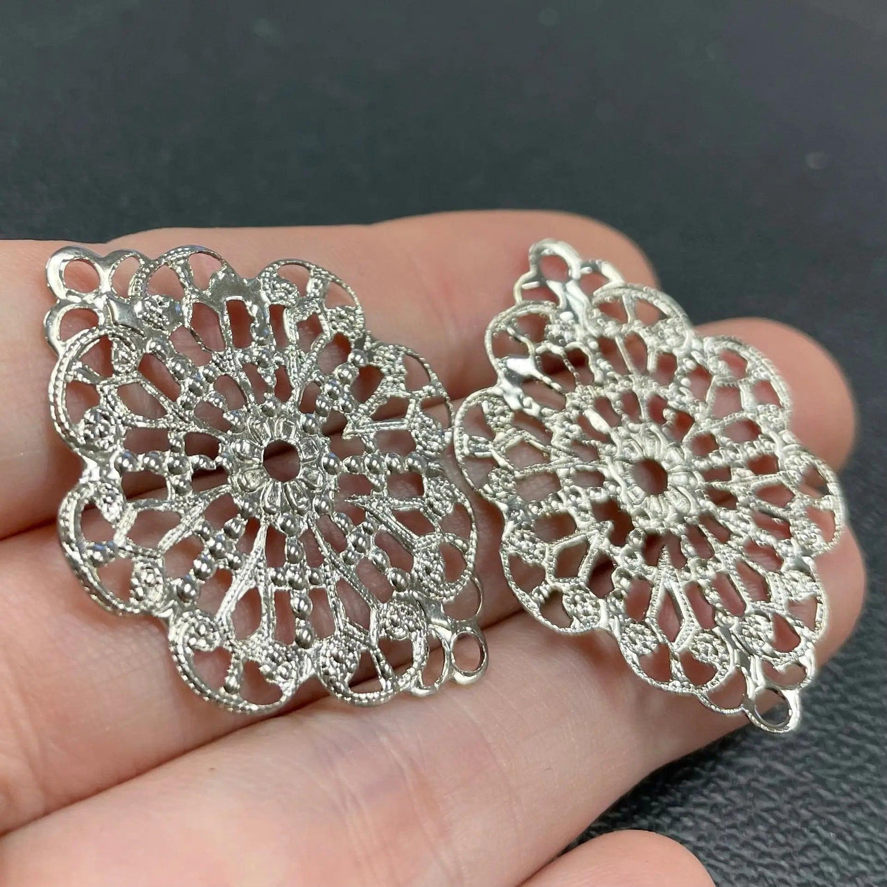 2 Vintage Silver Plated Filigree Large Oval Metal Connectors - Sea Beads