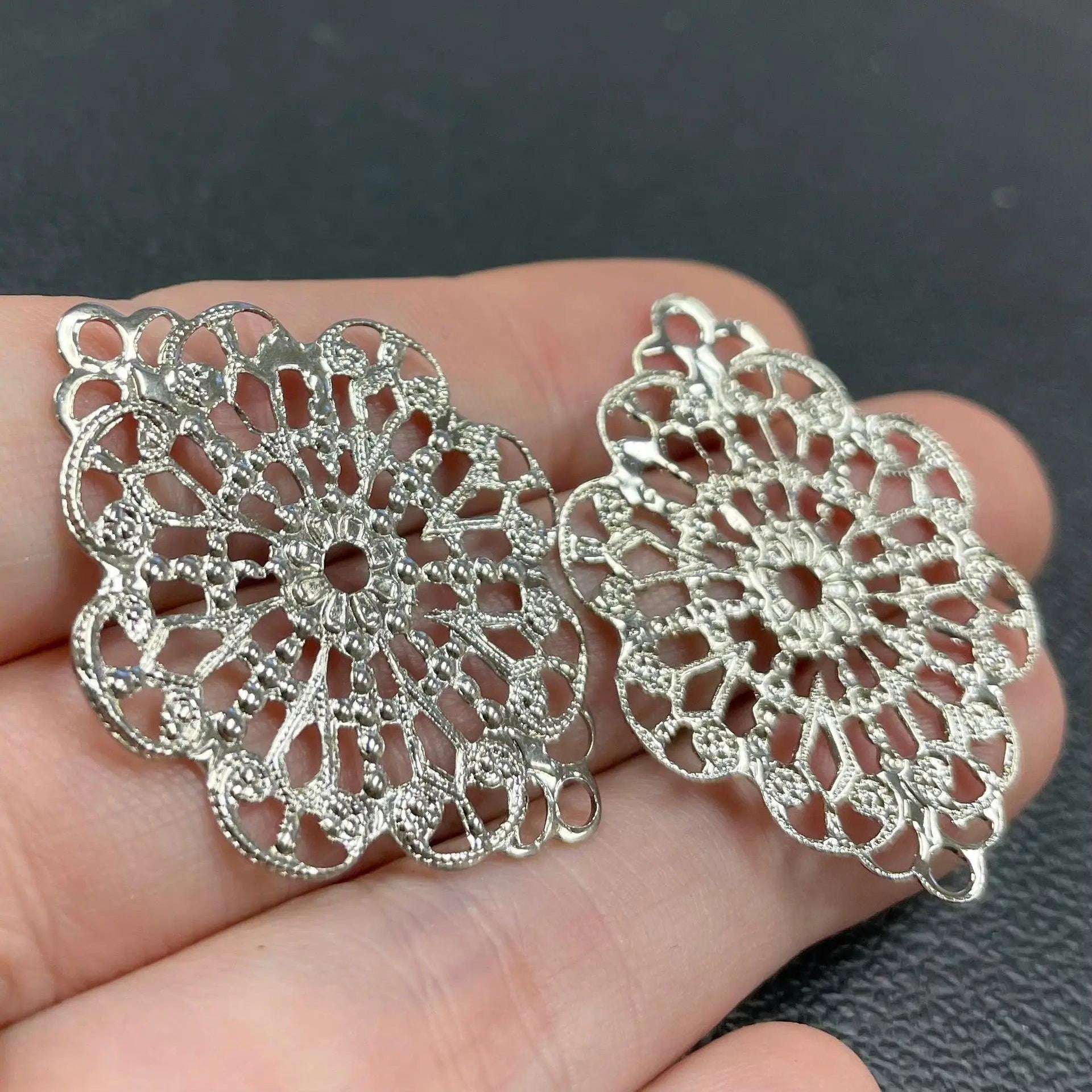 2 Vintage Silver Plated Filigree Large Oval Metal Connectors - Sea Beads