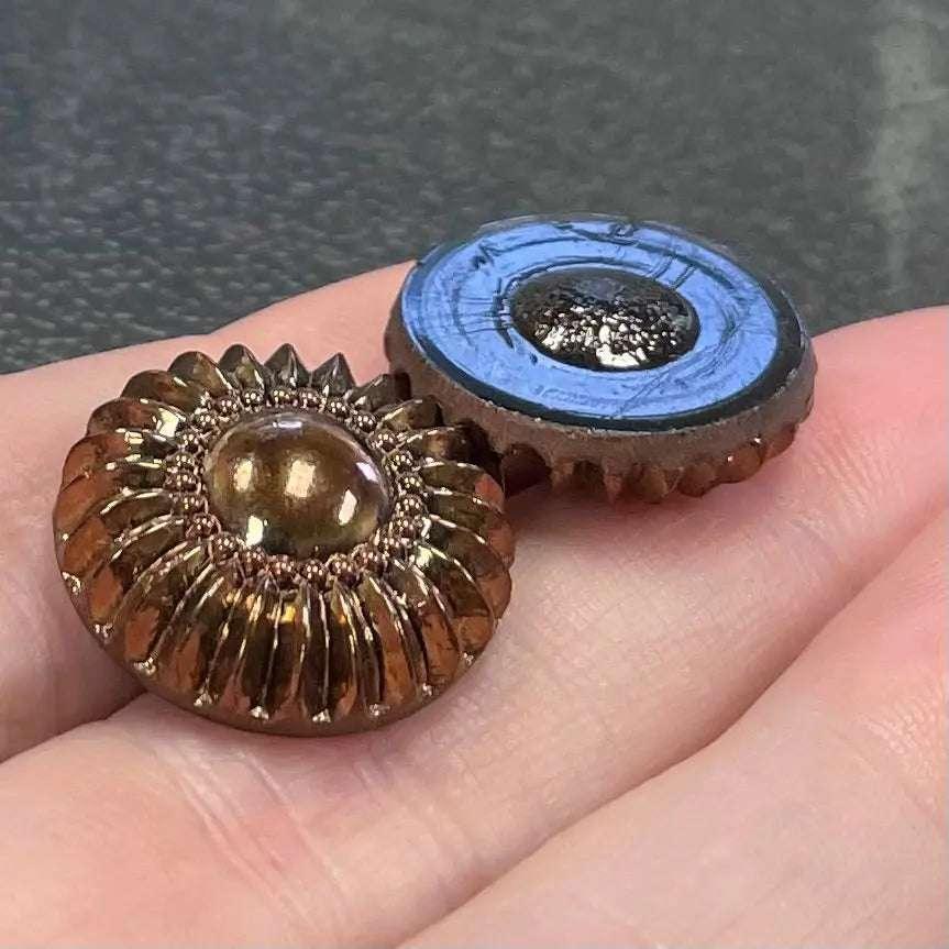 2 Vintage Metallic Copper Floral Round Glass Stones - Sea Beads