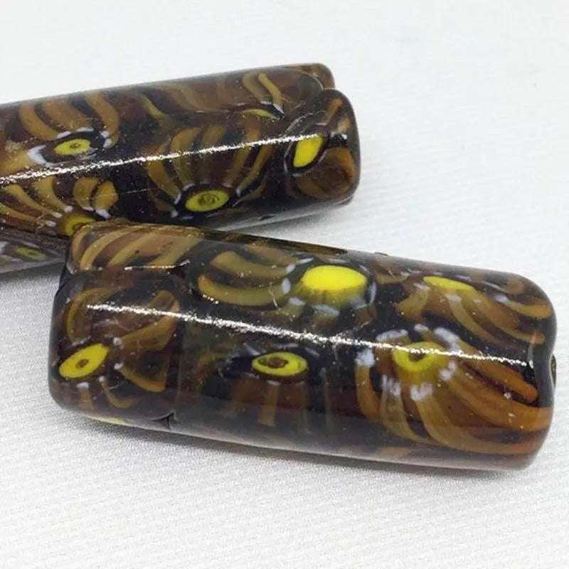 2 Vintage Millefiori Brown Caramel Yellow Cylinder Glass Beads - Sea Beads