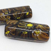 2 Vintage Millefiori Brown Caramel Yellow Cylinder Glass Beads - Sea Beads