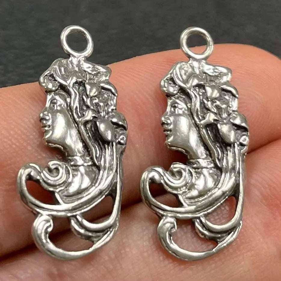 2 Vintage Pewter Victorian Lady Pendants - Sea Beads