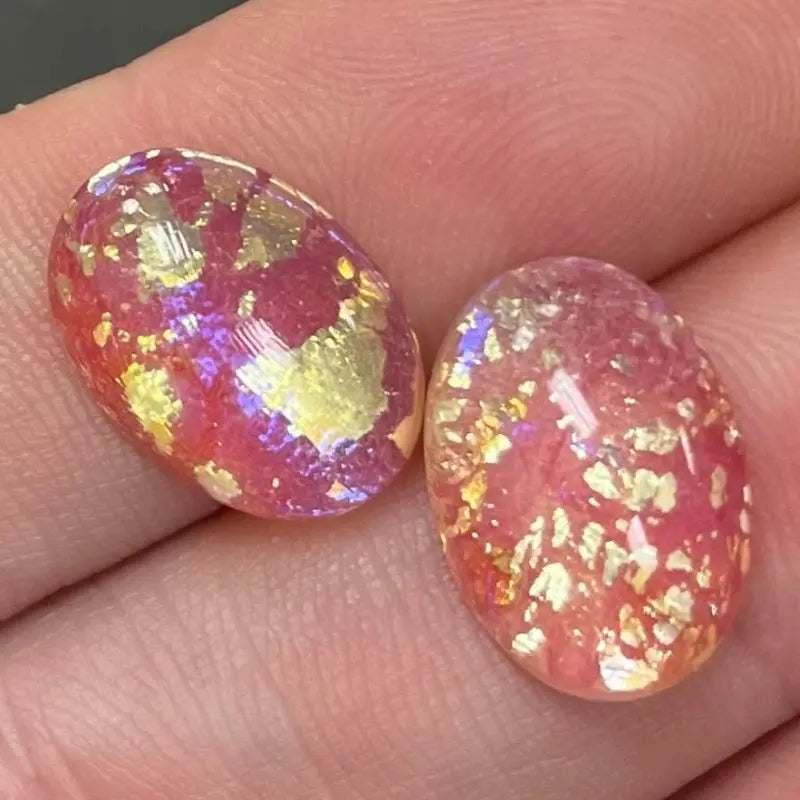 2 Vintage Pink Foil Japan Oval Glass Cabochons Cherry Brand - Sea Beads