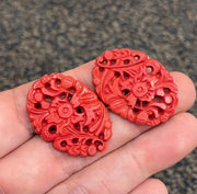 2 Vintage Red Cinnabar Acrylic Oval Cabochons - Sea Beads